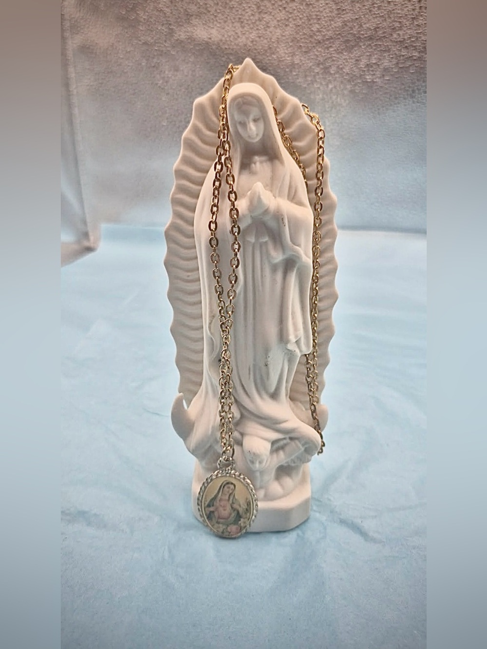Vintage Bisque Our Lady of Guadalupe Statue with Virgin Mary Pendant Necklace